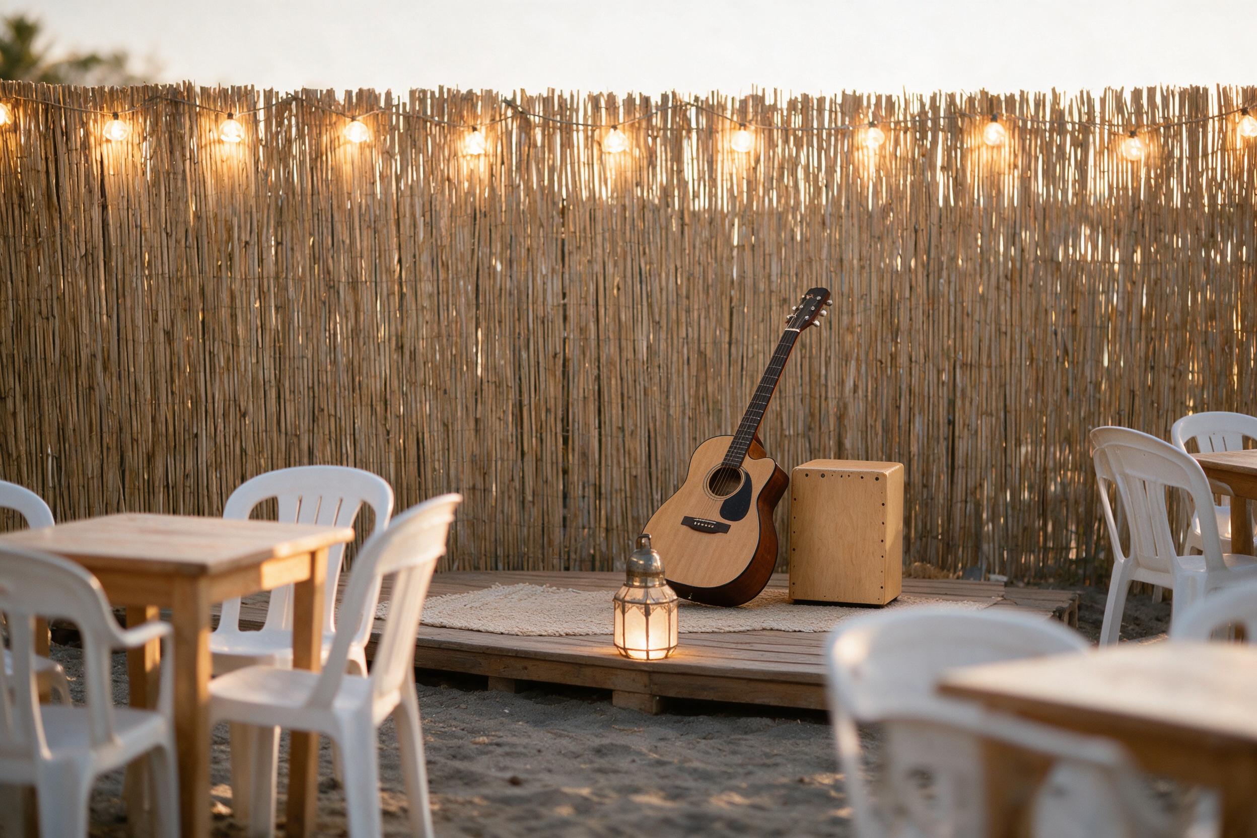 Rincón del Chiringuito CHARANGO al atardecer: mesas de madera sobre la arena y pequeño escenario con guitarra y farolillos