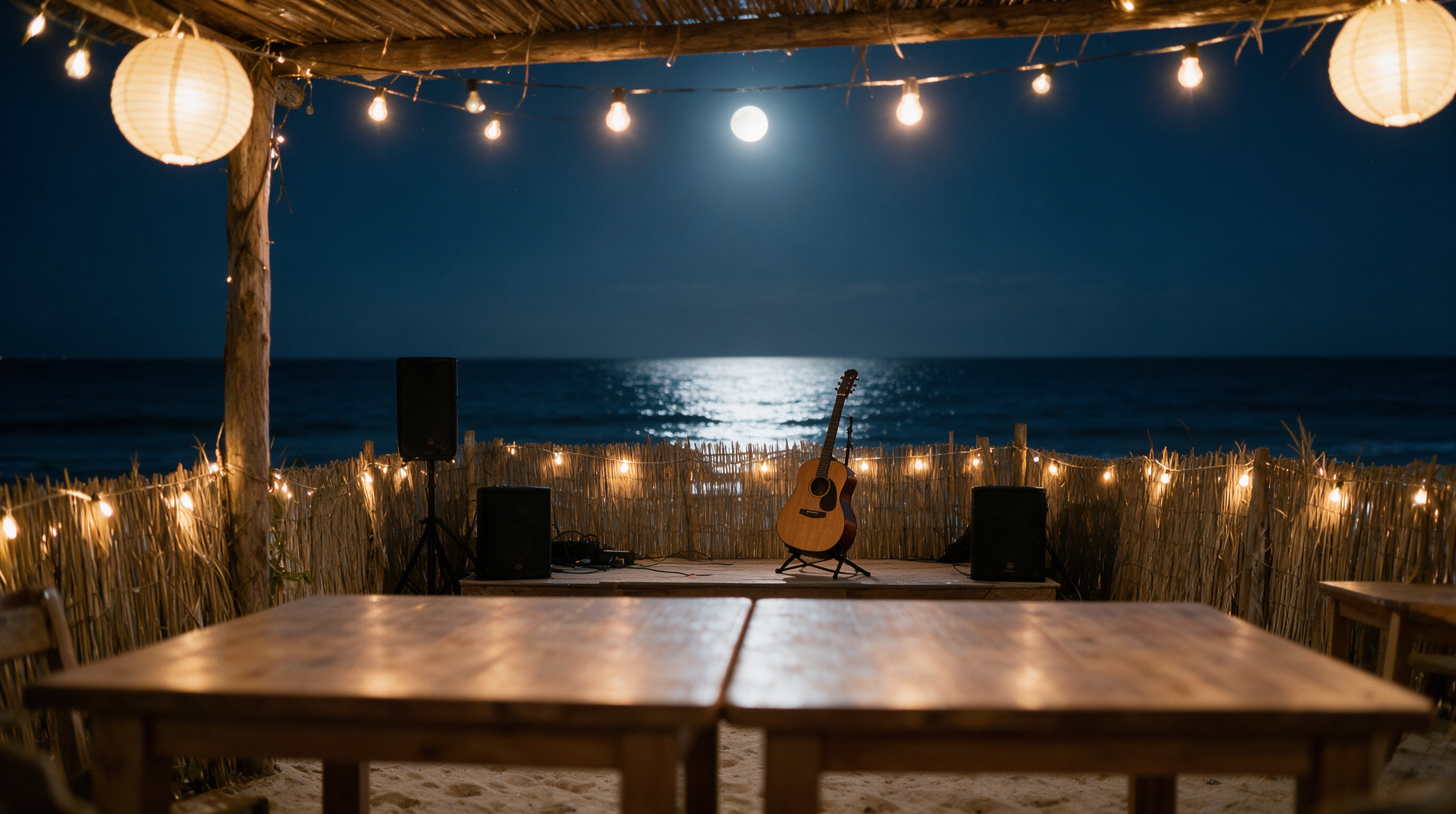 Escenario nocturno del Chiringuito CHARANGO: guitarra sobre el escenario, guirnaldas de luces y luna llena sobre el mar