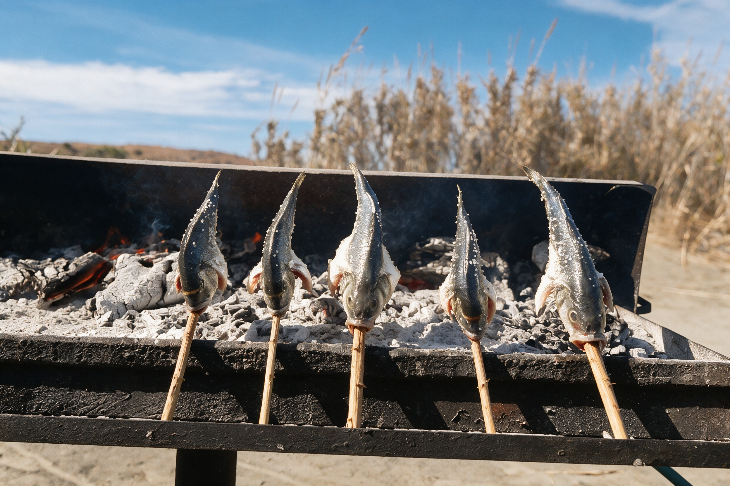 Espetos de sardinas asadas al carbón, en pinchos sobre las brasas