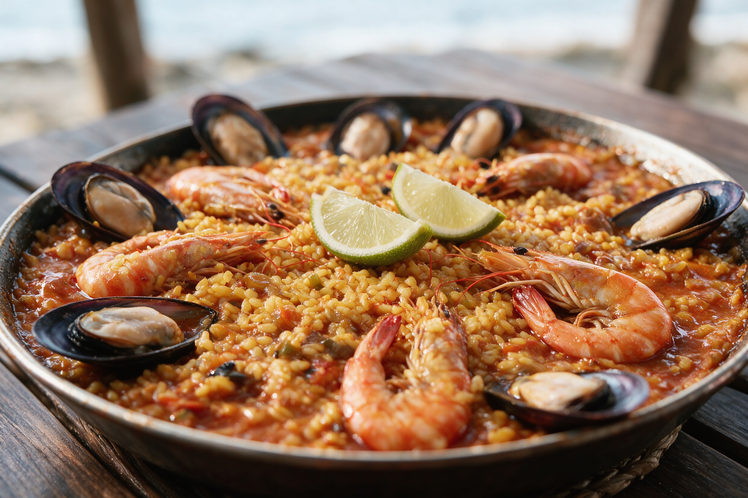 Paella de marisco con gambas, mejillones y gajos de limón